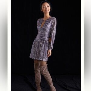 Anthropologie Lilac Purple Sequin Open Back Long Sleeve Mini Dress Size 6